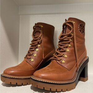 Tory Burch Brown Combat Boots with Chunky Sole and Lace-Up Design